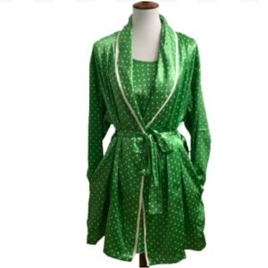 Josie by Natori Vintage Green and White Polka Dot Nightie and Robe Set M